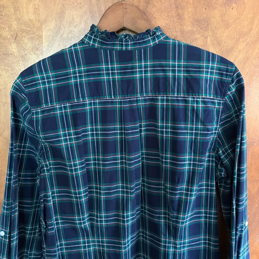 Talbots Green Blue Plaid Button Down Blouse Top 12 Ruffle High Neck Modest Fall - Picture 8 of 15